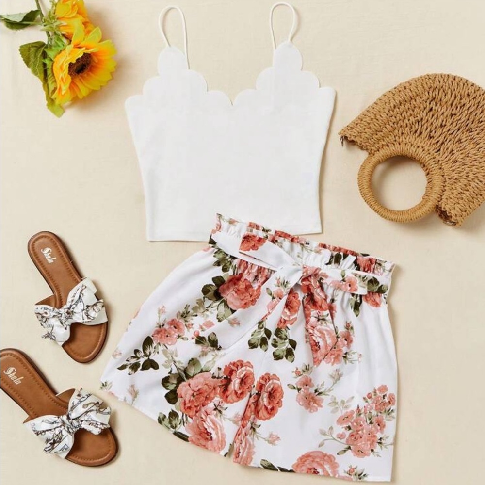 Floral Paper Bag Shorts and White Crop Tank Top Set